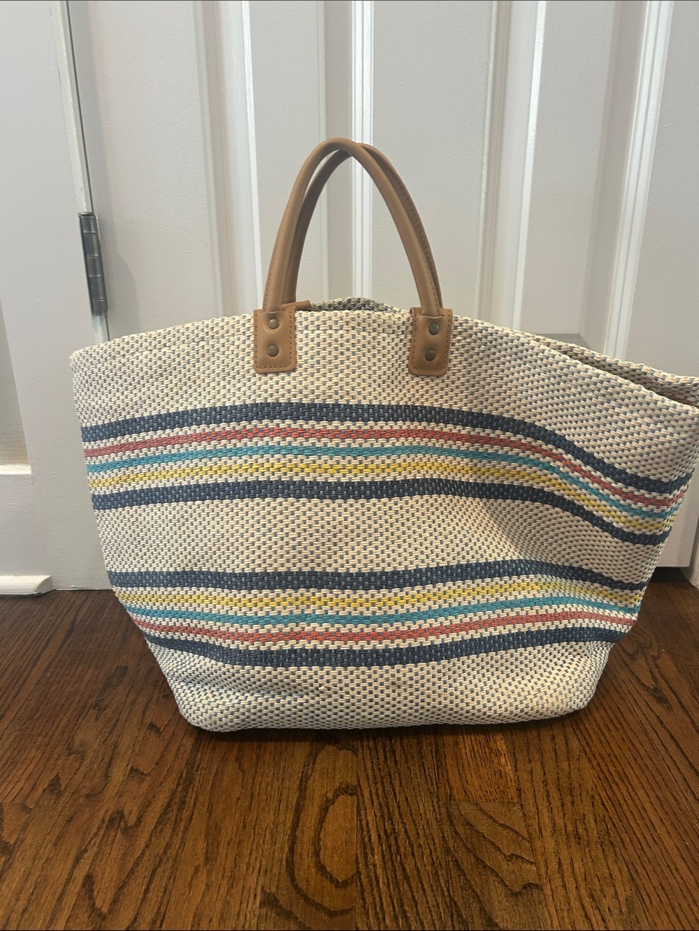 Francesca's Collections Cream Woven Beach Tote Navy Yellow Pink Stripes pool bag - Picture 2 of 5